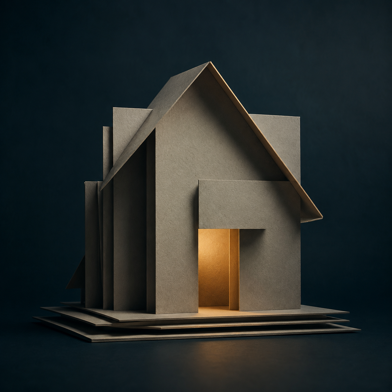 Casa conceptual construida con hojas de papel y una entrada iluminada